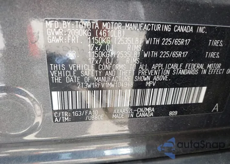 2021 Toyota Rav4 Xle z USA, uszkodzony, nr VIN 2T3W1RFV1MW104948